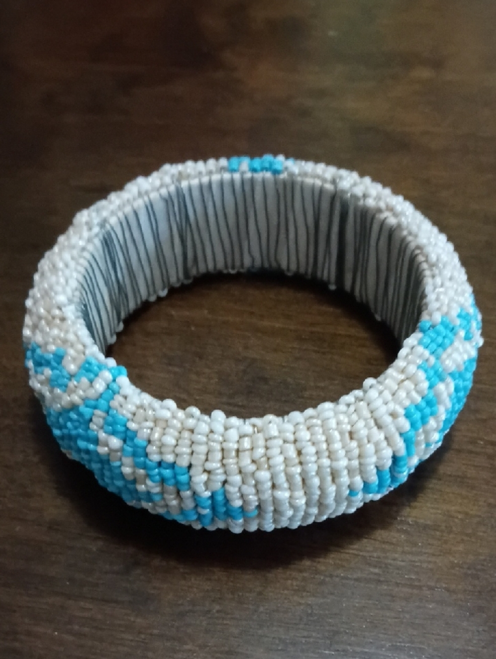 Handmade Beaded Bangle Bracelet in Cream and Turquoise